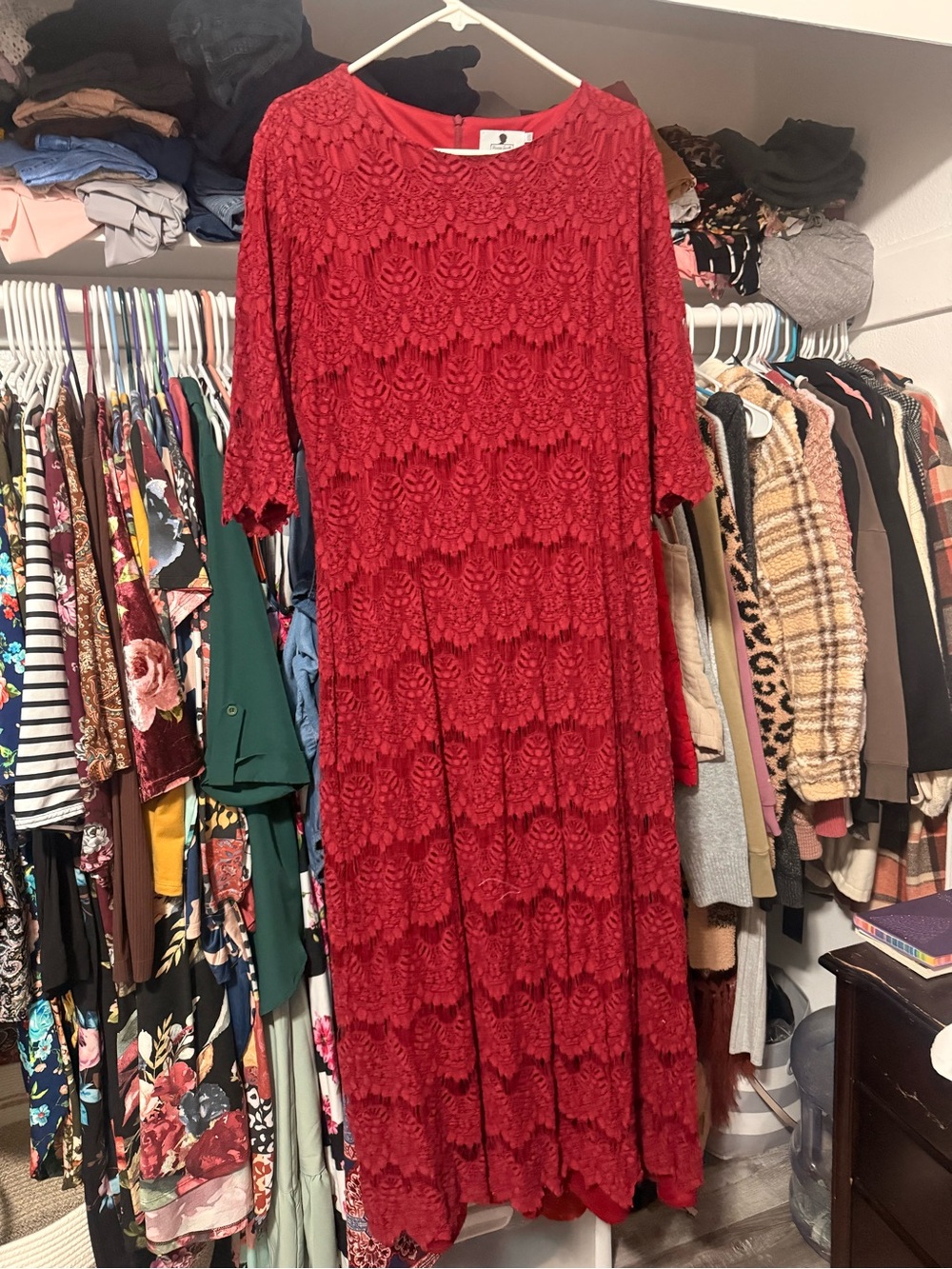 Dainty Jewells Red Lace Maxi Dress with Scalloped Tiers